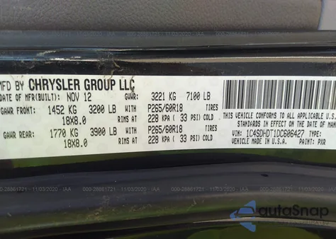 2013 Dodge Durango Crew z USA, uszkodzony, nr VIN 1C4SDHDT1DC606427